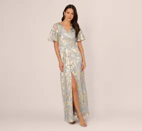 Light Blue Gold Draped Foil Leaf Short Sleeve Gown - Enhanced Title