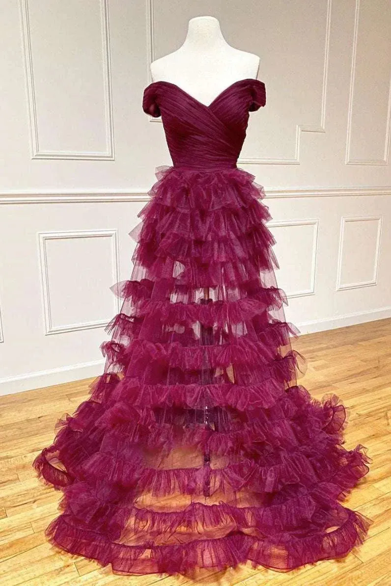 Formal Wear Dresses Dark Berry A-Line Off Shoulder Pleated Sheer Tulle Tiered Long Prom Dress Prom Dresses Shops Formal Women's Dresses