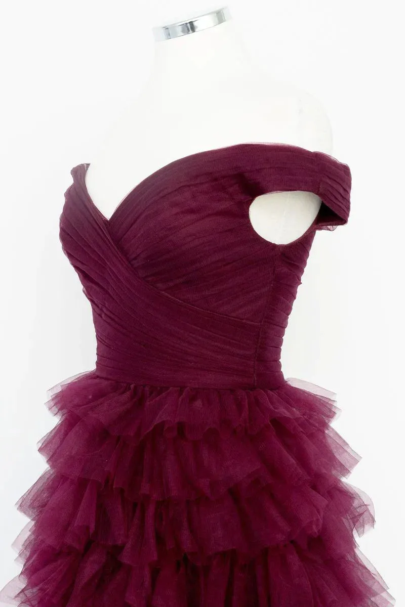 Formal Wear Dresses Dark Berry A-Line Off Shoulder Pleated Sheer Tulle Tiered Long Prom Dress Prom Dresses Shops Formal Women's Dresses