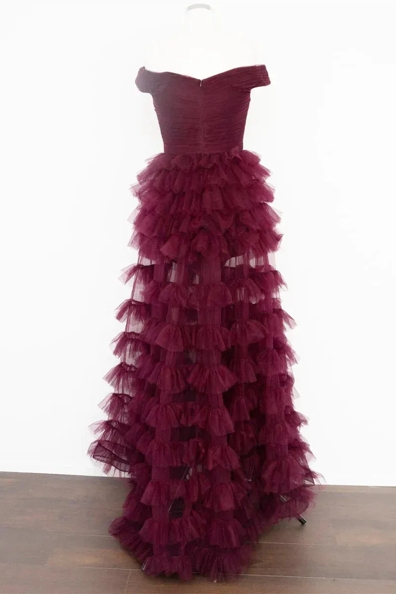 Formal Wear Dresses Dark Berry A-Line Off Shoulder Pleated Sheer Tulle Tiered Long Prom Dress Prom Dresses Shops Formal Women's Dresses