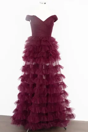 Formal Wear Dresses Dark Berry A-Line Off Shoulder Pleated Sheer Tulle Tiered Long Prom Dress Prom Dresses Shops Formal Women's Dresses