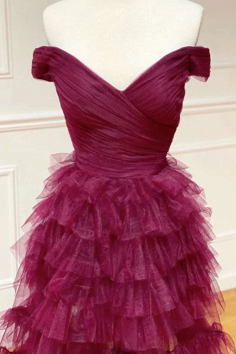 Formal Wear Dresses Dark Berry A-Line Off Shoulder Pleated Sheer Tulle Tiered Long Prom Dress Prom Dresses Shops Formal Women's Dresses