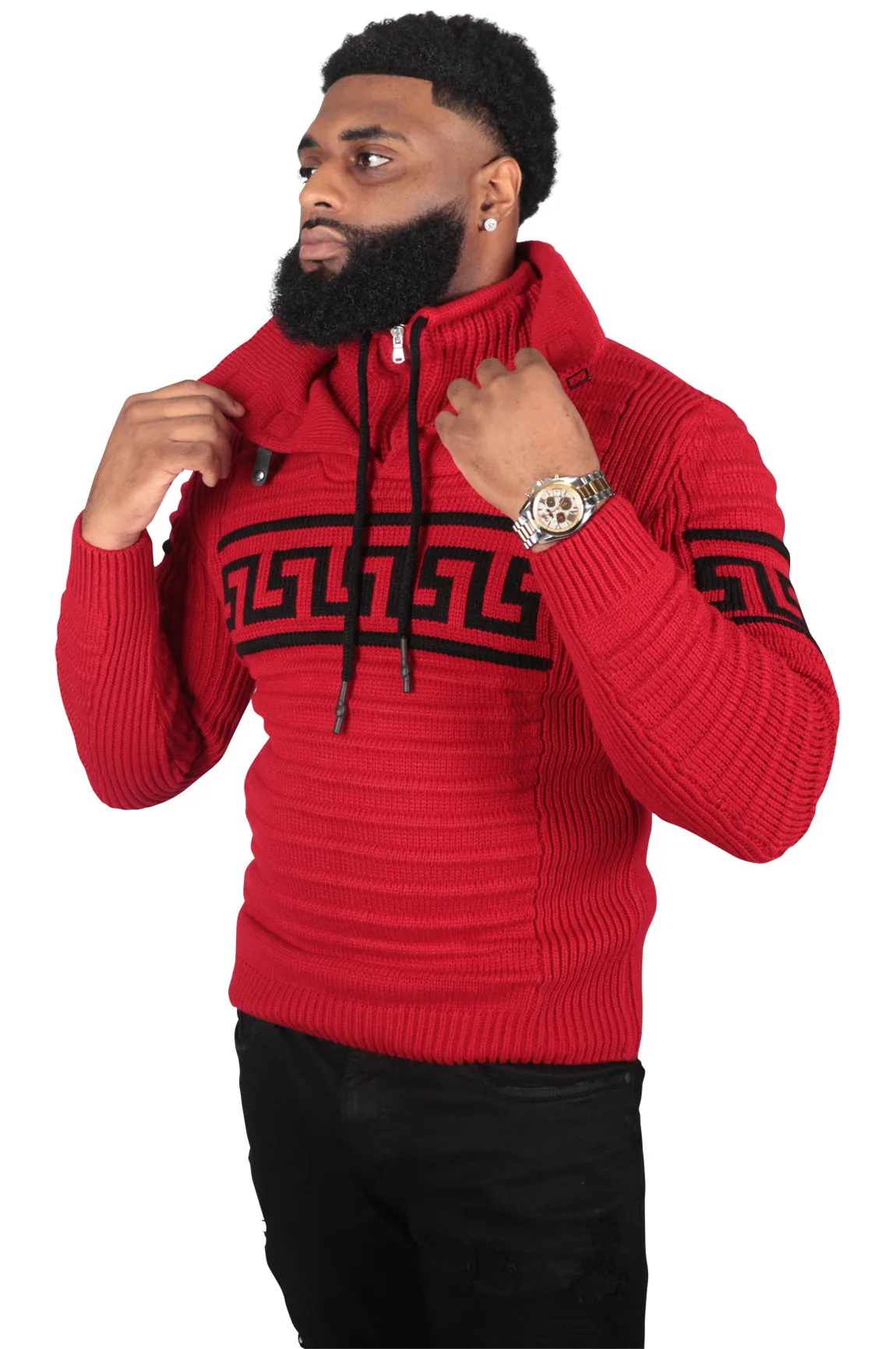Greek Style Ribbed Fitted Sweater, Tan or Red