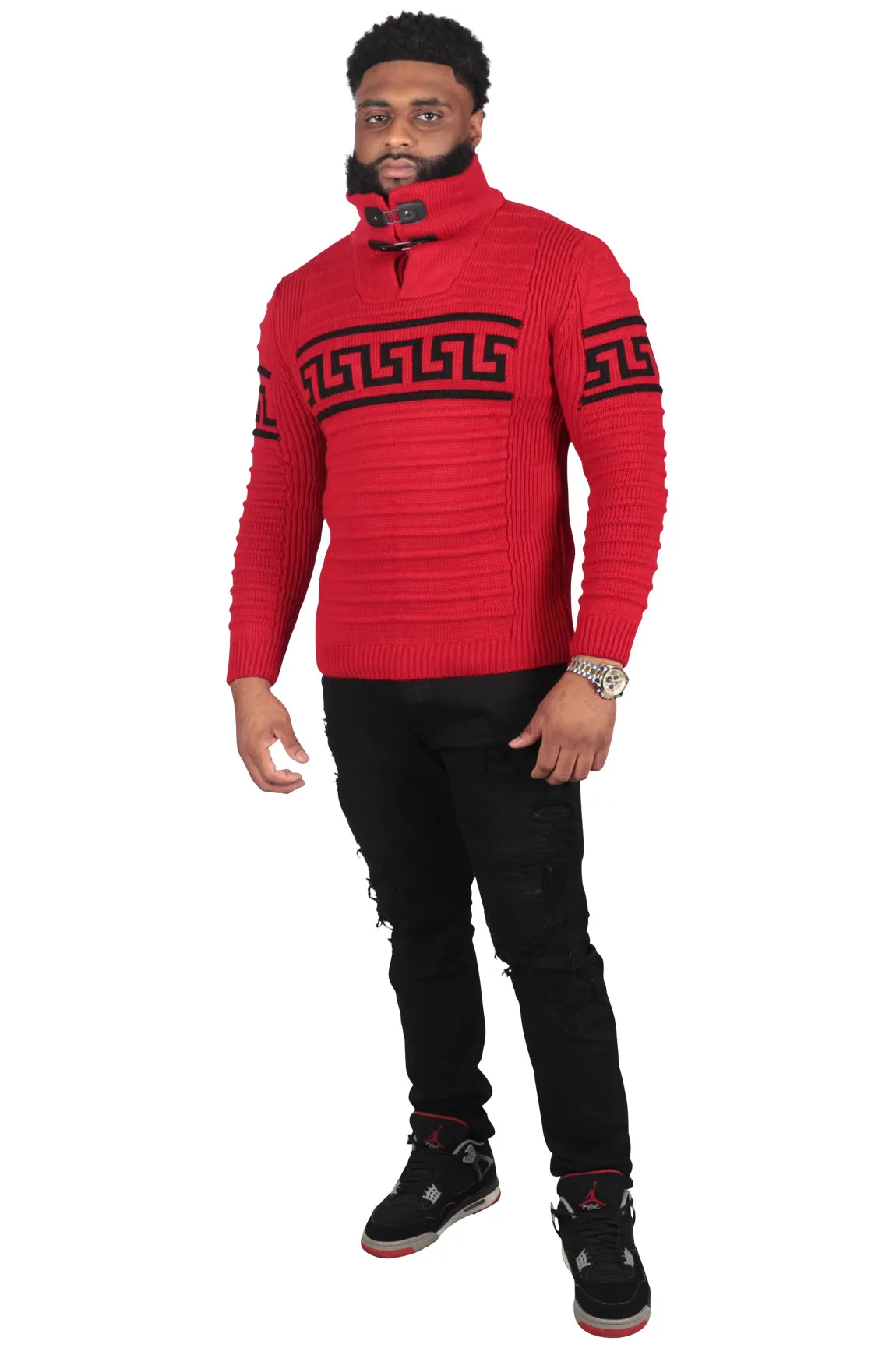 Greek Style Ribbed Fitted Sweater, Tan or Red