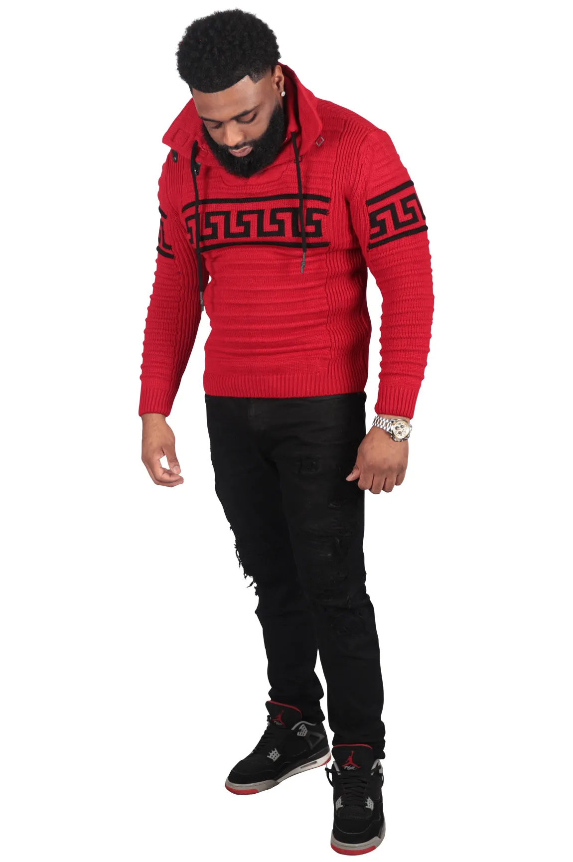 Greek Style Ribbed Fitted Sweater, Tan or Red