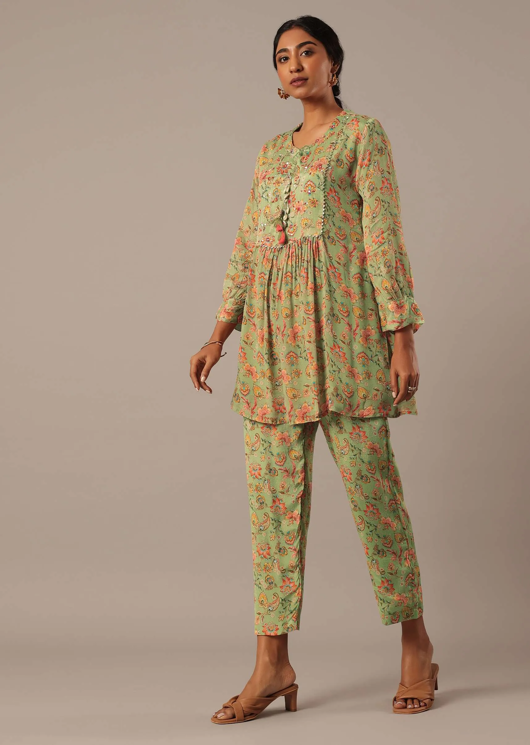 Green Printed Chiffon Kurta Set With Sequin Work