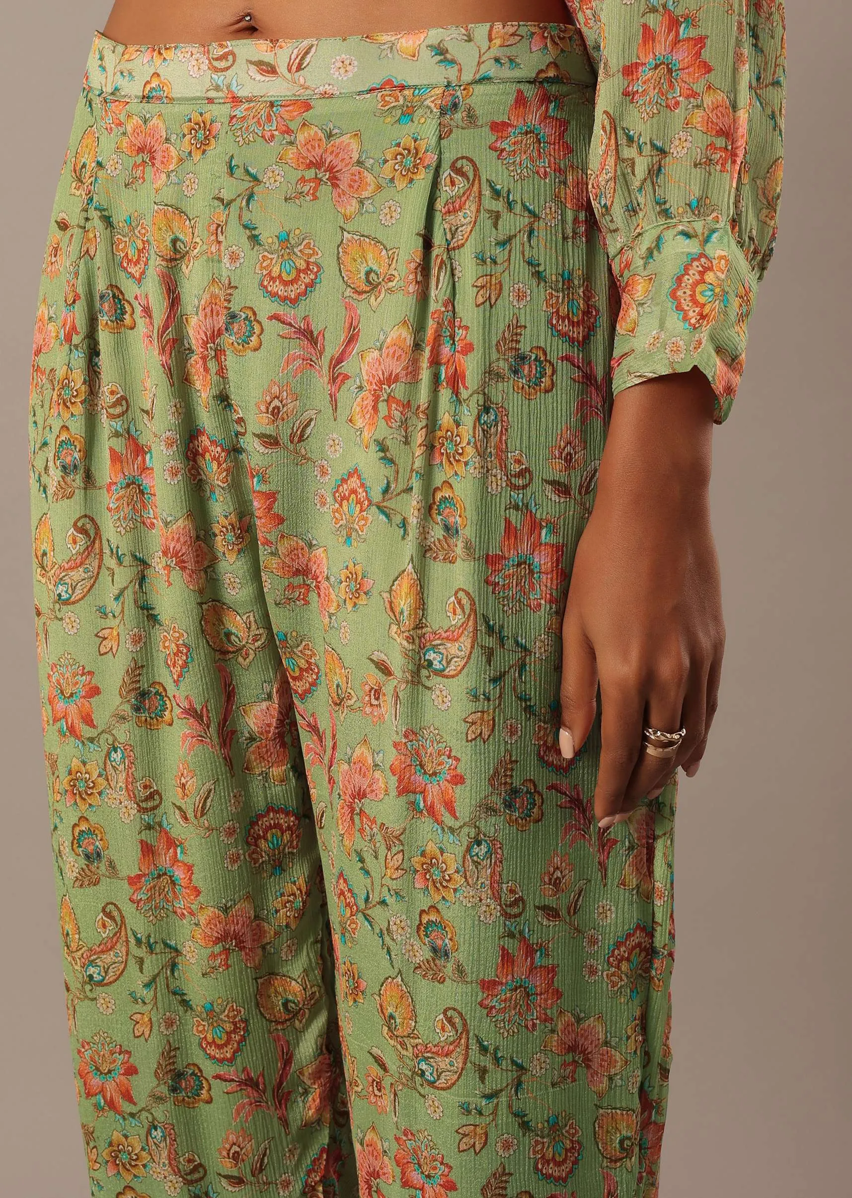 Green Printed Chiffon Kurta Set With Sequin Work