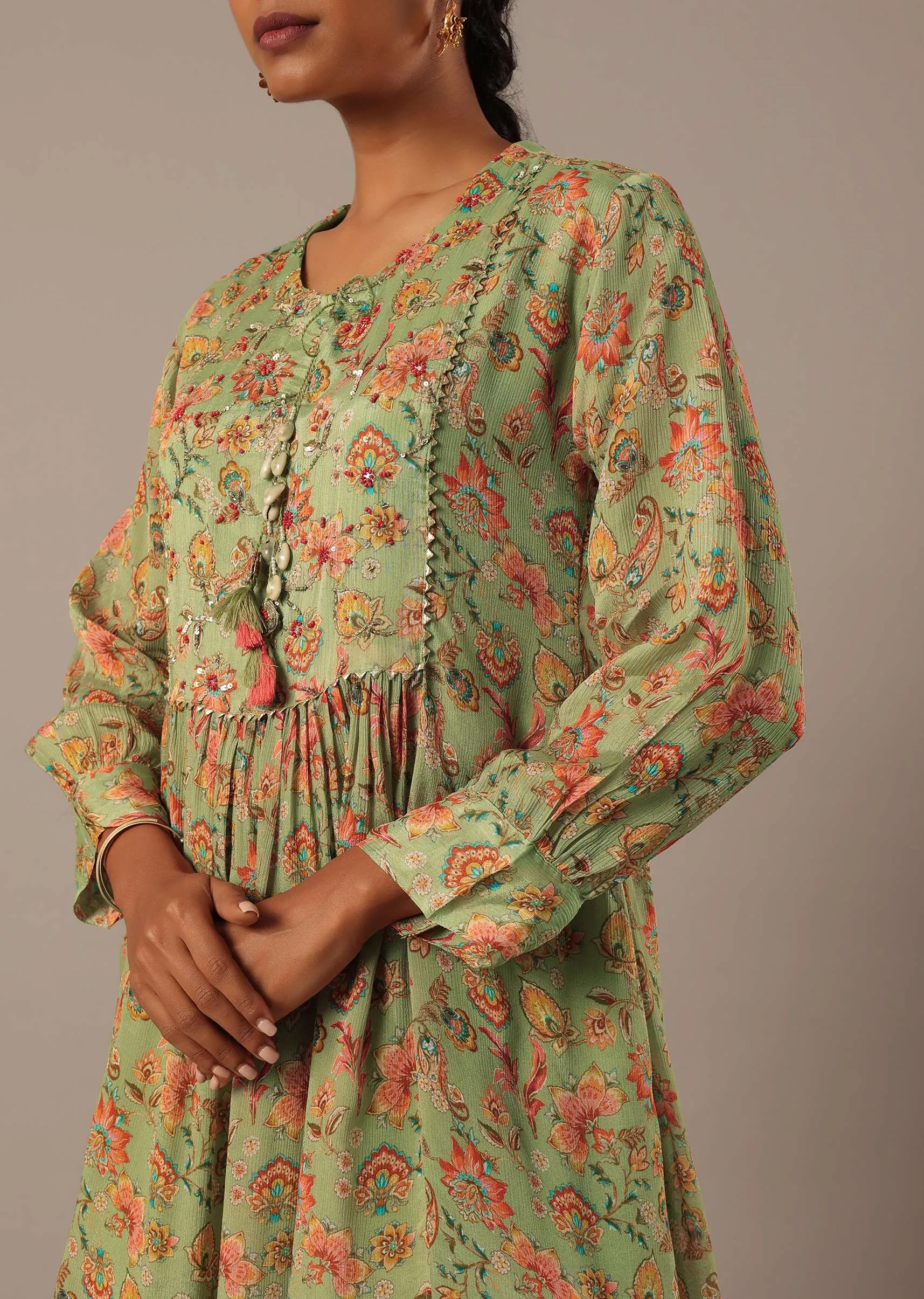 Green Printed Chiffon Kurta Set With Sequin Work