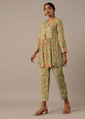 Green Printed Chiffon Kurta Set With Sequin Work