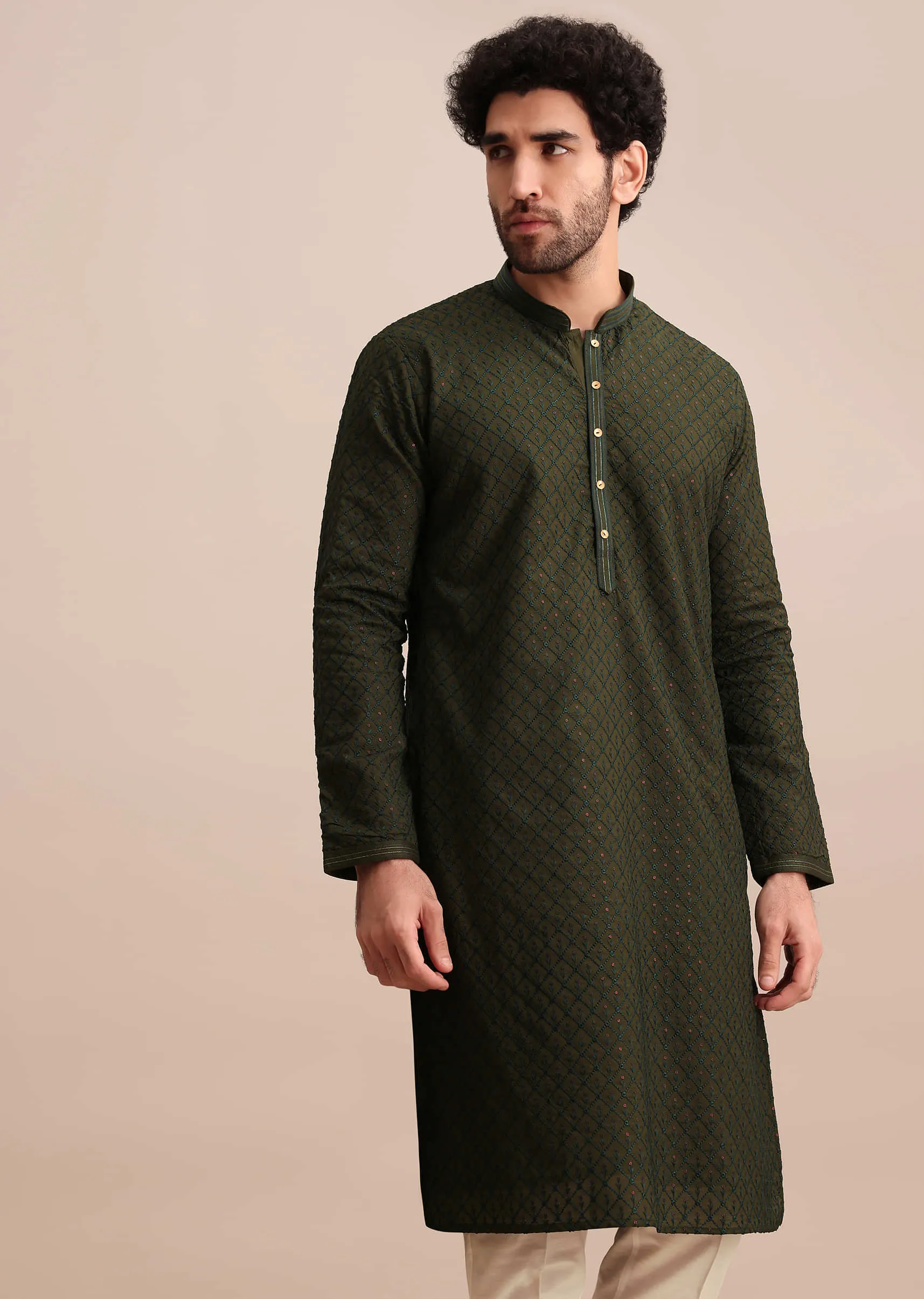 Green Silk Kurta Set WIth Resham Work For Men