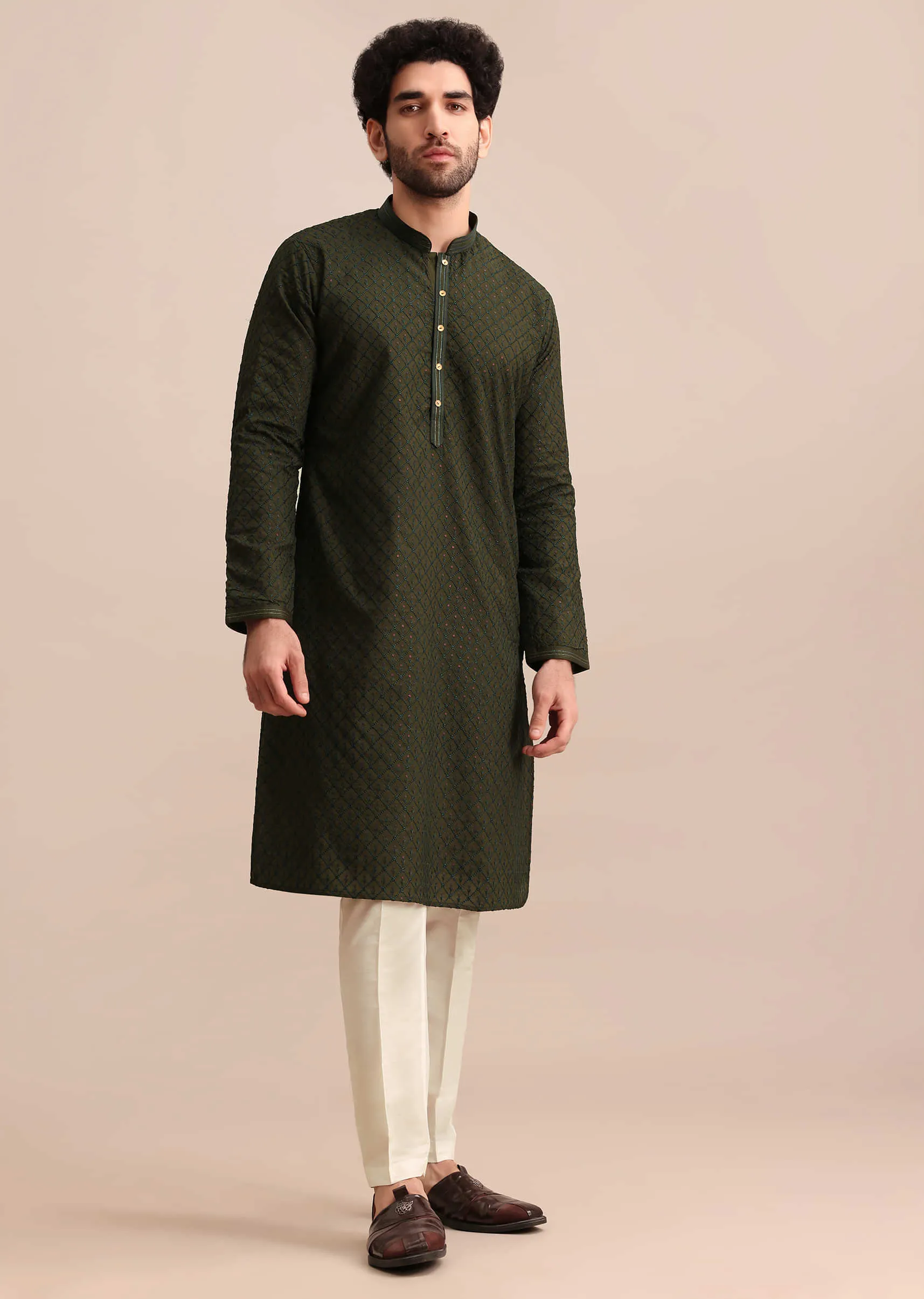 Green Silk Kurta Set WIth Resham Work For Men
