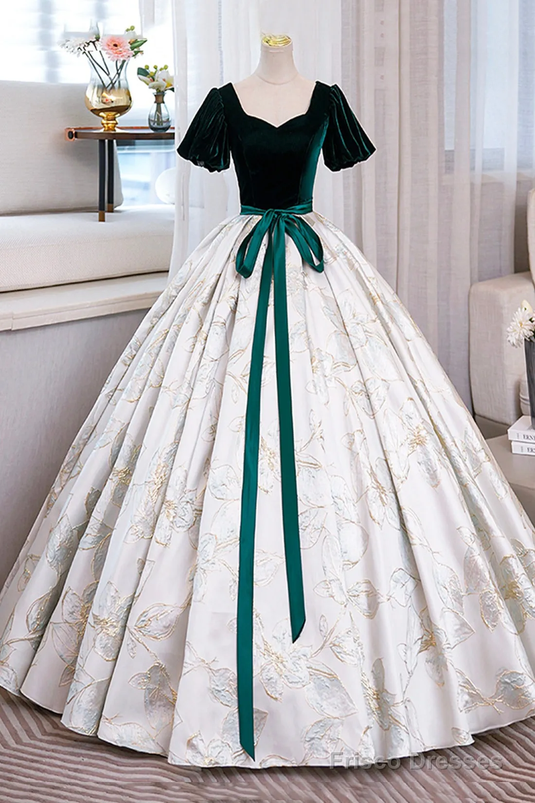 Green Velvet Floor-Length Printing Prom Dresses, A-Line Short Sleeve Evening Formal Dresses