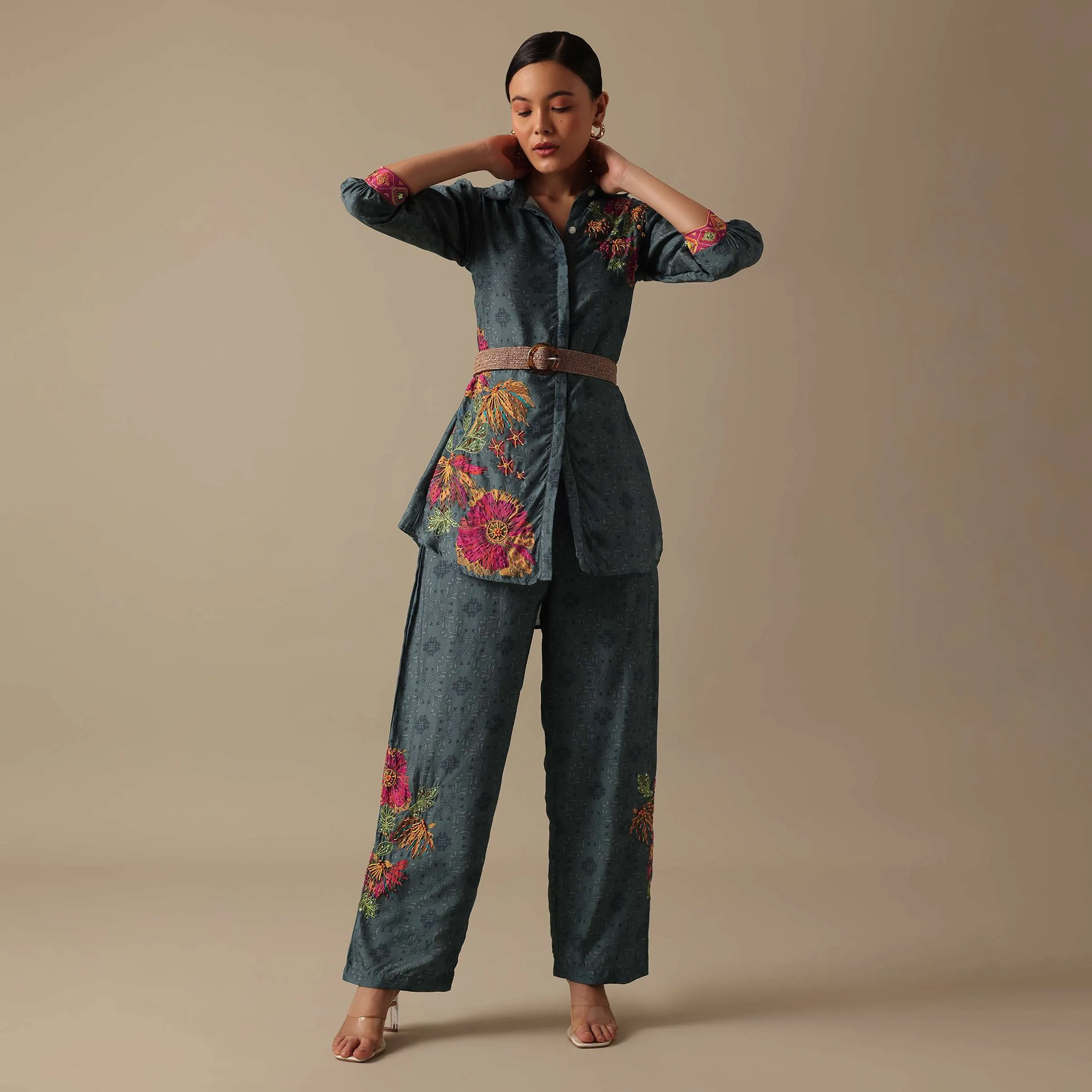 Grey co ord set With Bead Work
