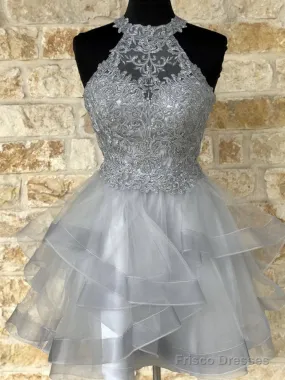 Halter Neck Short Gray Lace Prom Dresses, Short Gray Lace Formal Graduation Dresses