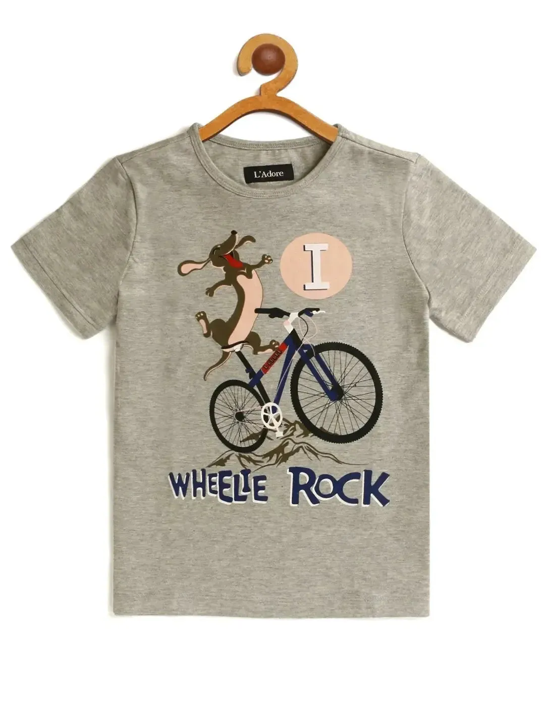 Kids Grey Bicycle Printed Round Neck T-shirt