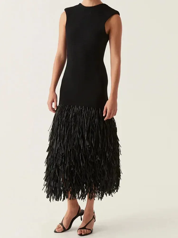 Knitted Tassels Hem Women Long Dress