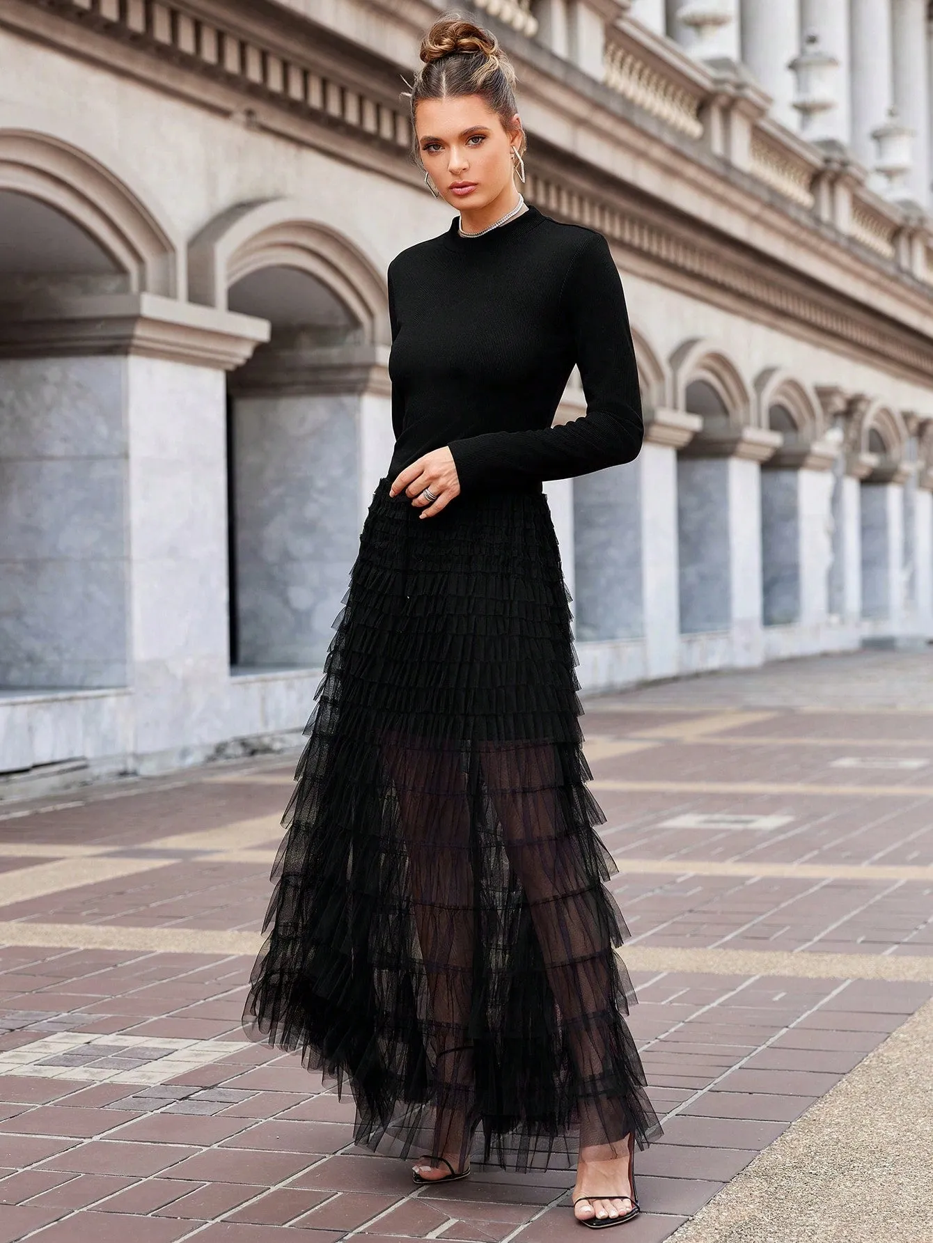 Long Sleeve Mesh Contrast Dress