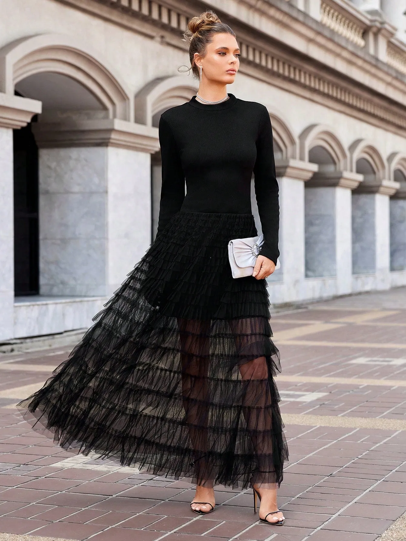 Long Sleeve Mesh Contrast Dress