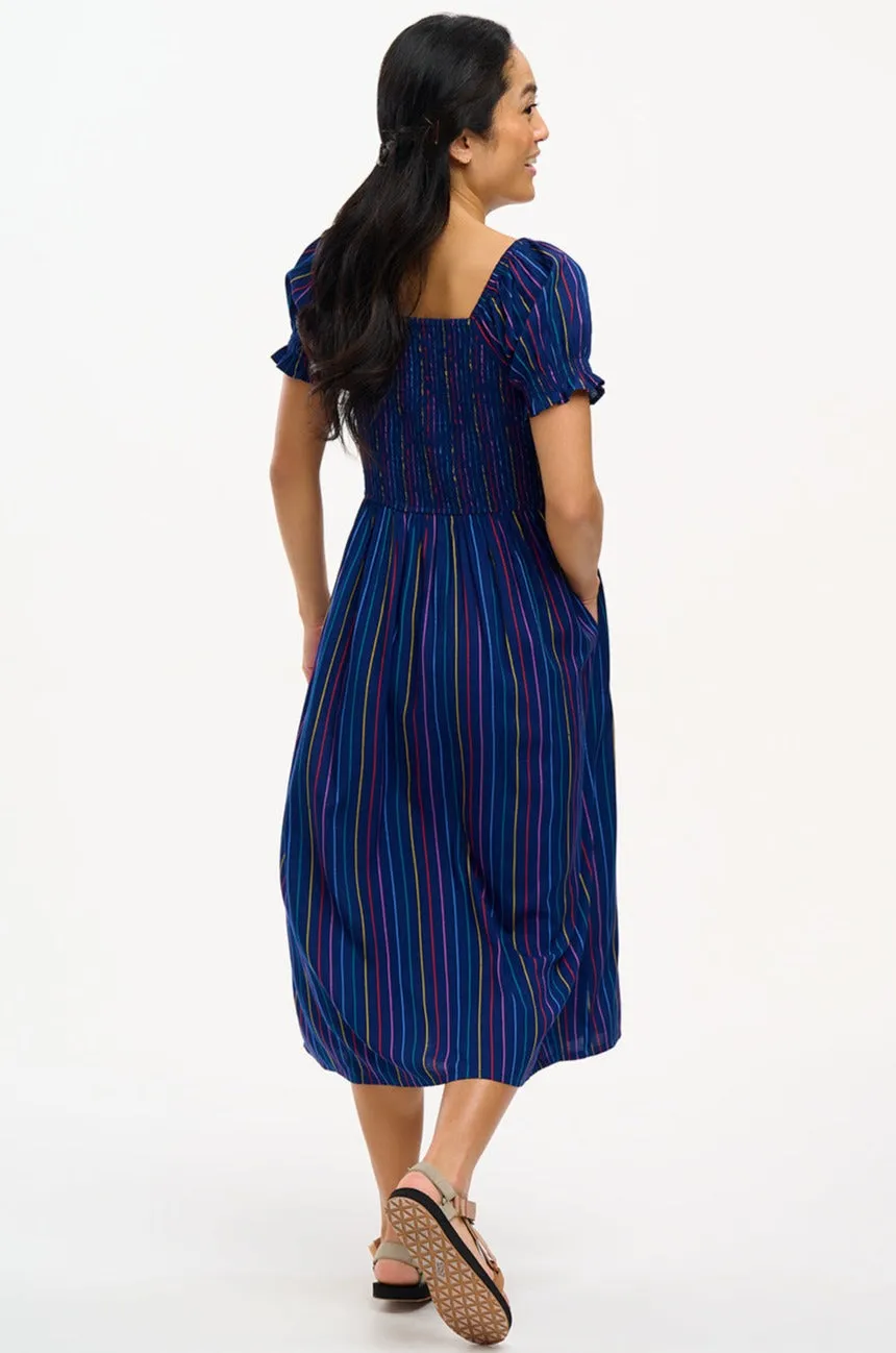Marisol Shirred Midi Dress - Navy, Thin Rainbow Stripe