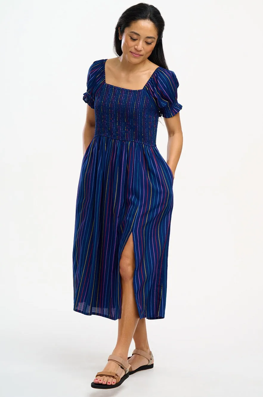 Marisol Shirred Midi Dress - Navy, Thin Rainbow Stripe