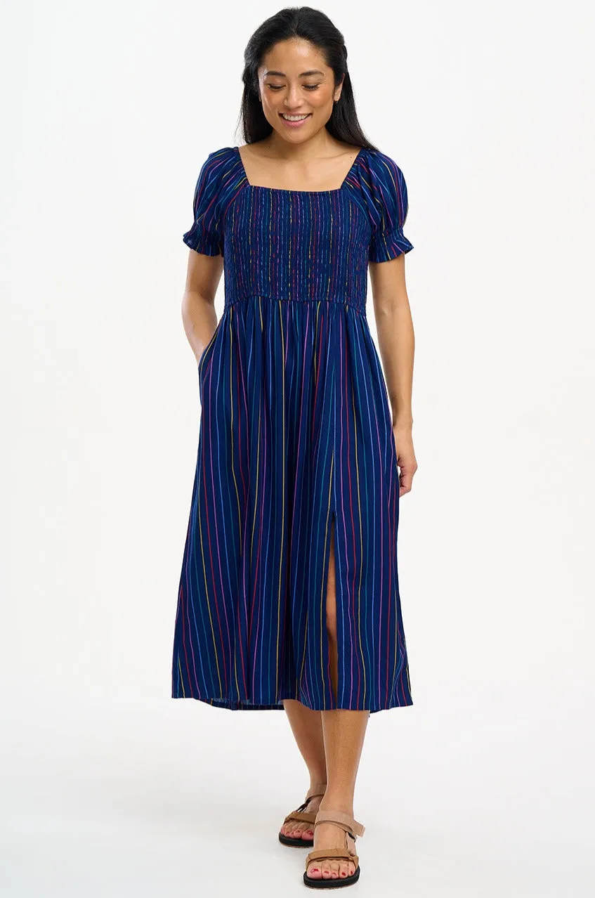 Marisol Shirred Midi Dress - Navy, Thin Rainbow Stripe