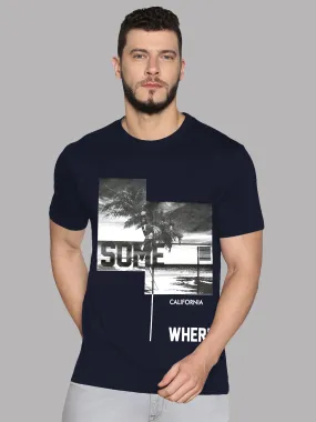 Men Navy Blue Printed Trendy Round Neck Organic Cotton Half Sleeve Casual T-Shirt