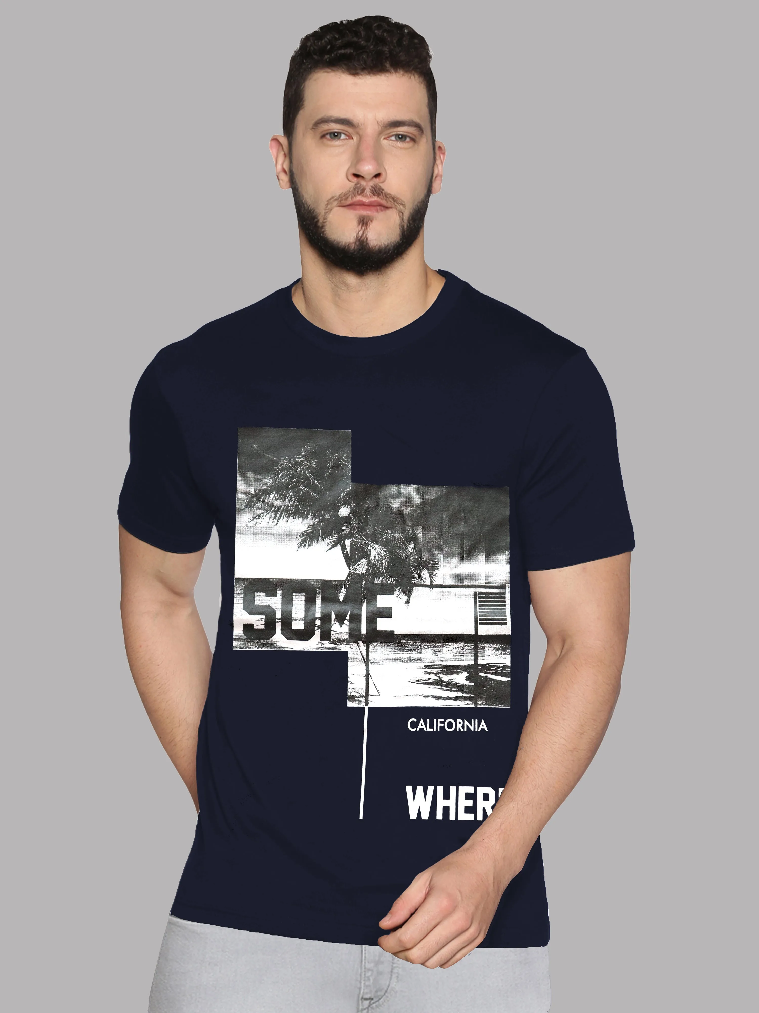 Men Navy Blue Printed Trendy Round Neck Organic Cotton Half Sleeve Casual T-Shirt