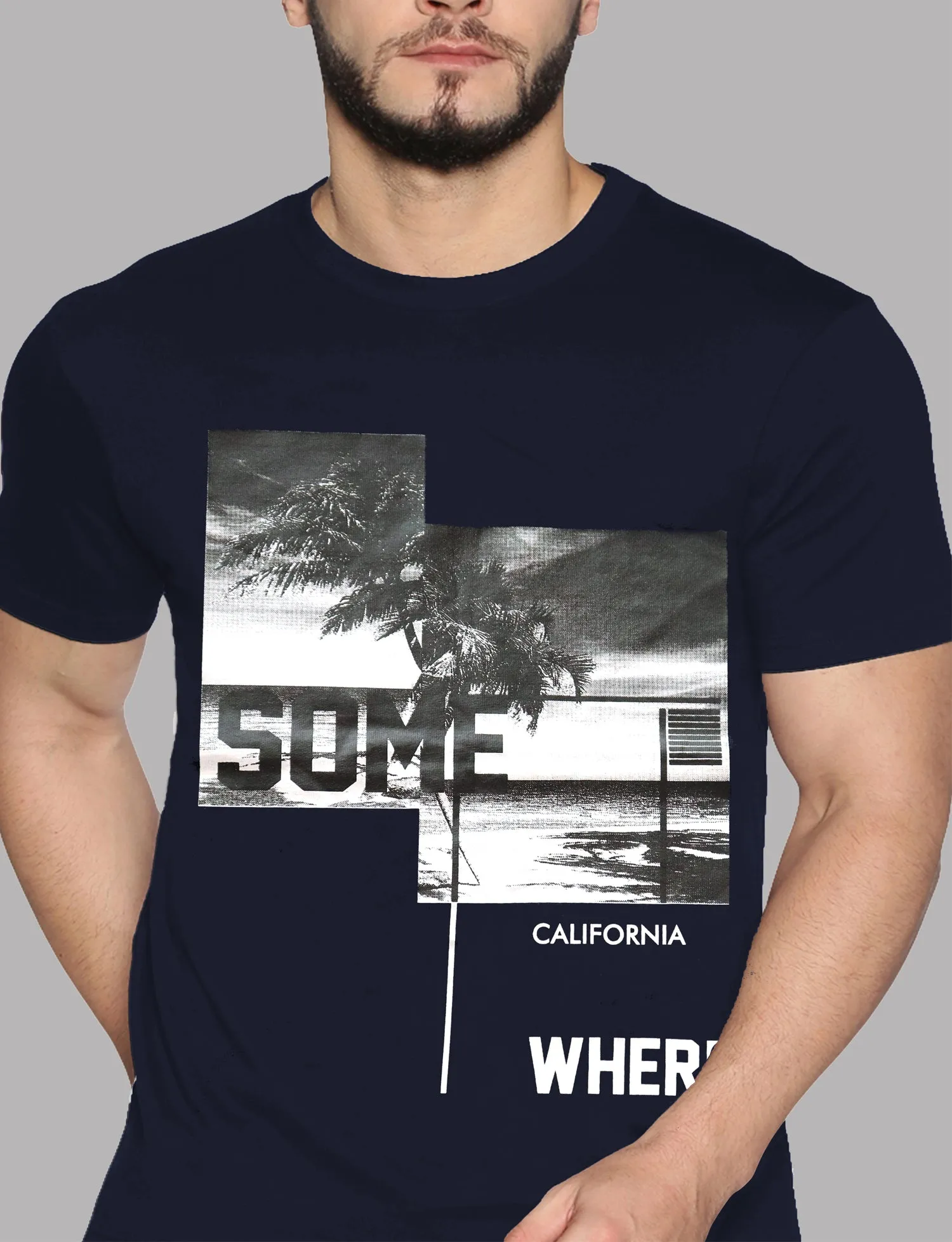 Men Navy Blue Printed Trendy Round Neck Organic Cotton Half Sleeve Casual T-Shirt