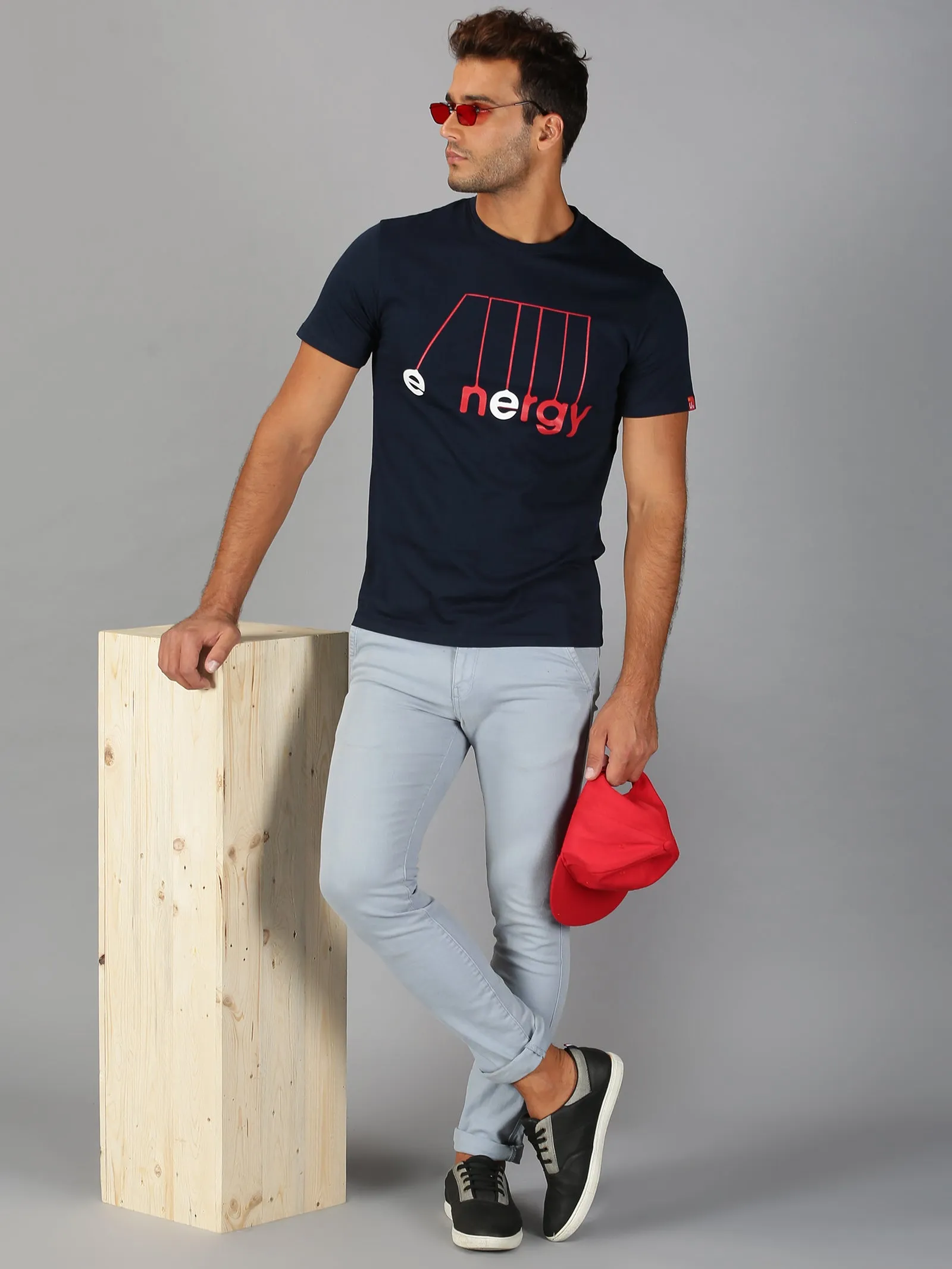 Men Navy Blue Trendy Chest Printed Round Neck Organic Pure Cotton Half Sleeve Regular Fit Casual T Shirt