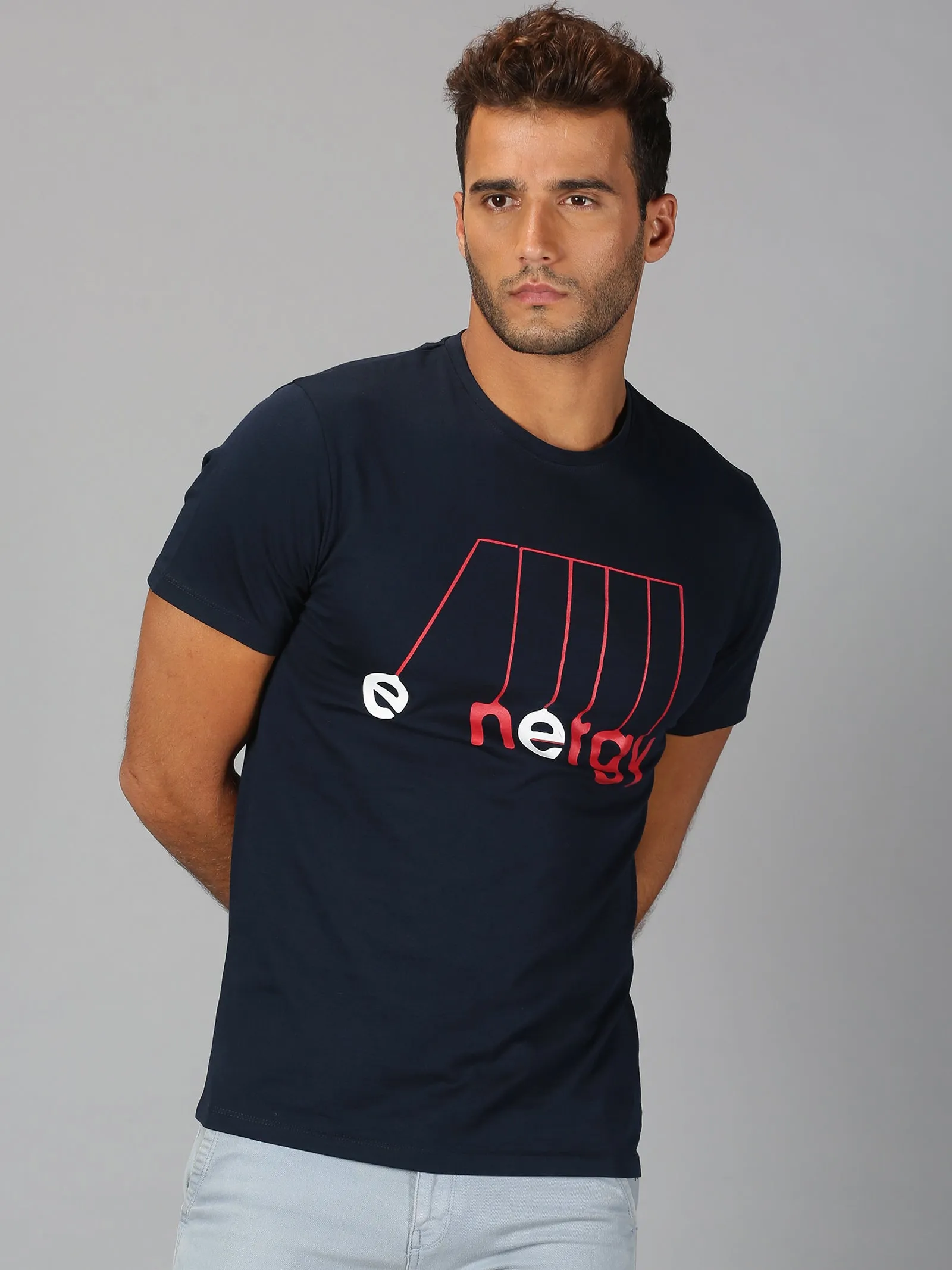 Men Navy Blue Trendy Chest Printed Round Neck Organic Pure Cotton Half Sleeve Regular Fit Casual T Shirt