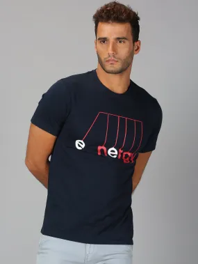 Men Navy Blue Trendy Chest Printed Round Neck Organic Pure Cotton Half Sleeve Regular Fit Casual T Shirt