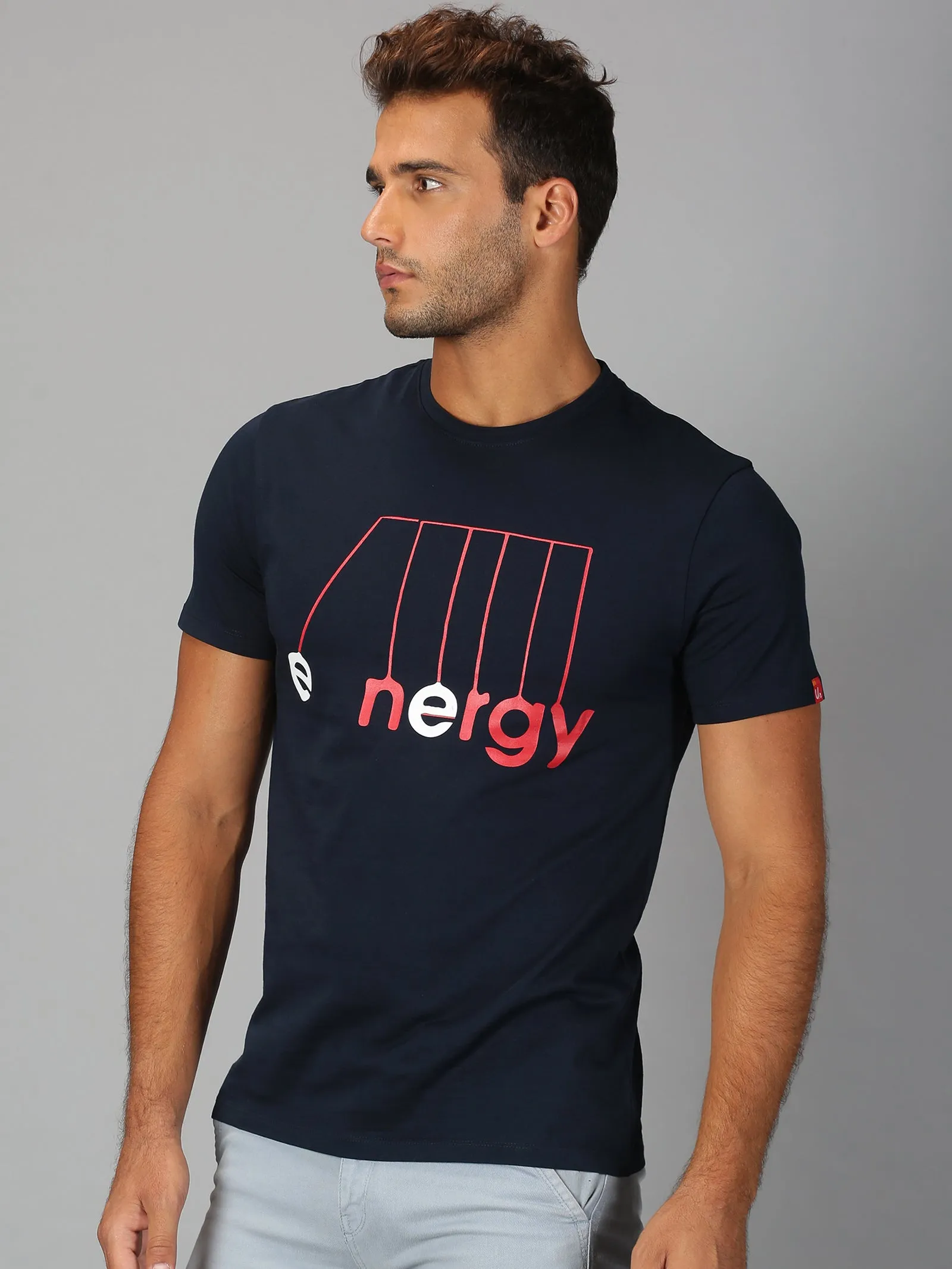 Men Navy Blue Trendy Chest Printed Round Neck Organic Pure Cotton Half Sleeve Regular Fit Casual T Shirt