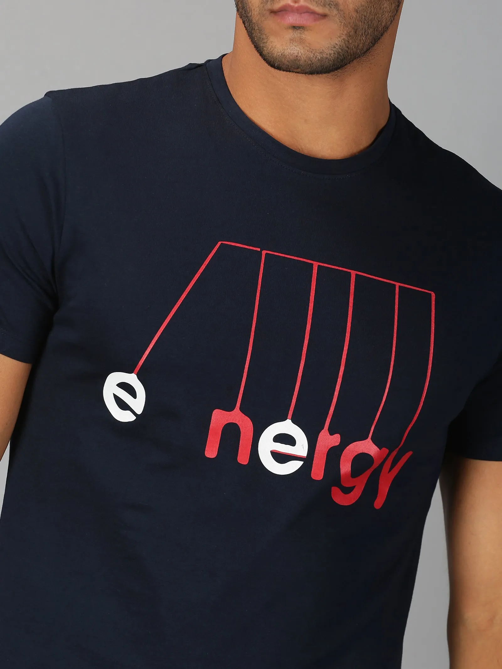 Men Navy Blue Trendy Chest Printed Round Neck Organic Pure Cotton Half Sleeve Regular Fit Casual T Shirt