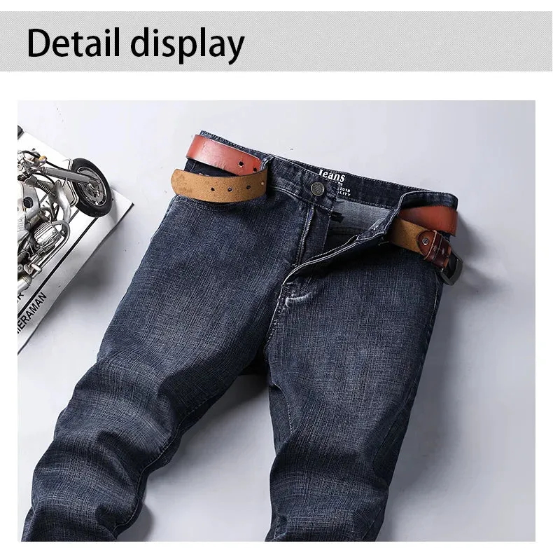 Men's Jeans Casual Straight Stretch Classic Blue Black Denim Trousers