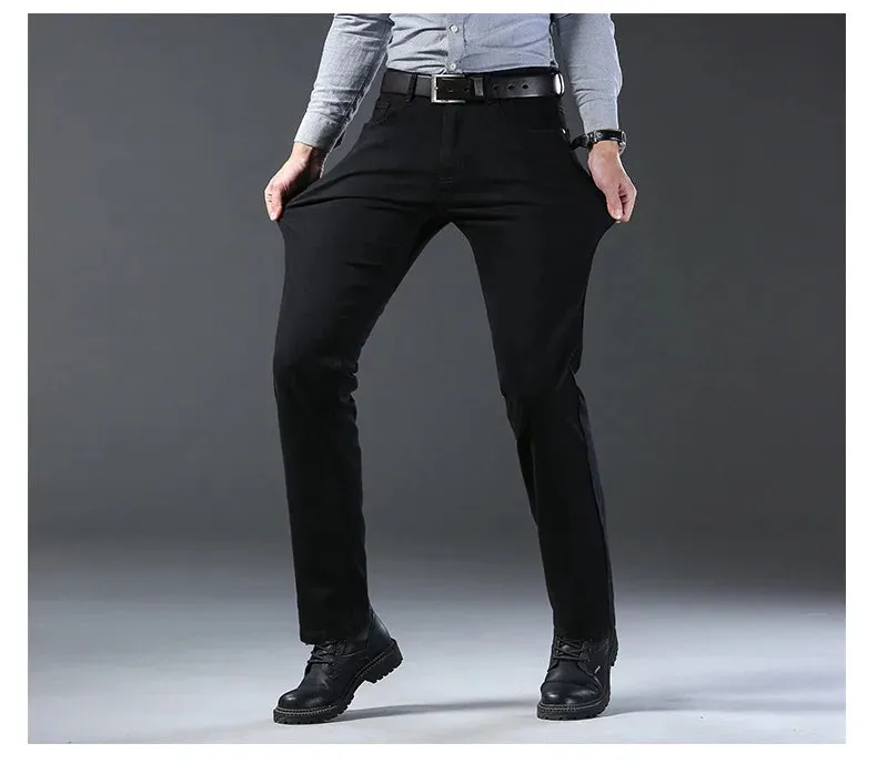 Men's Jeans Casual Straight Stretch Classic Blue Black Denim Trousers