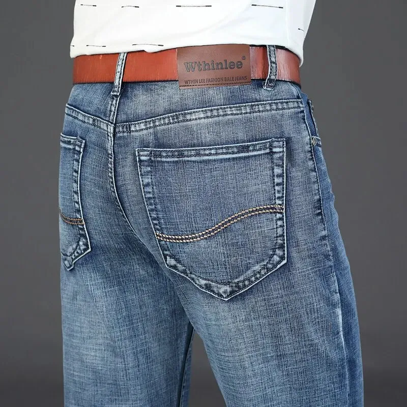 Men's Jeans Casual Straight Stretch Classic Blue Black Denim Trousers