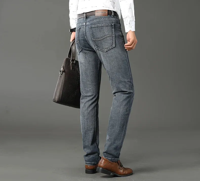Men's Jeans Casual Straight Stretch Classic Blue Black Denim Trousers