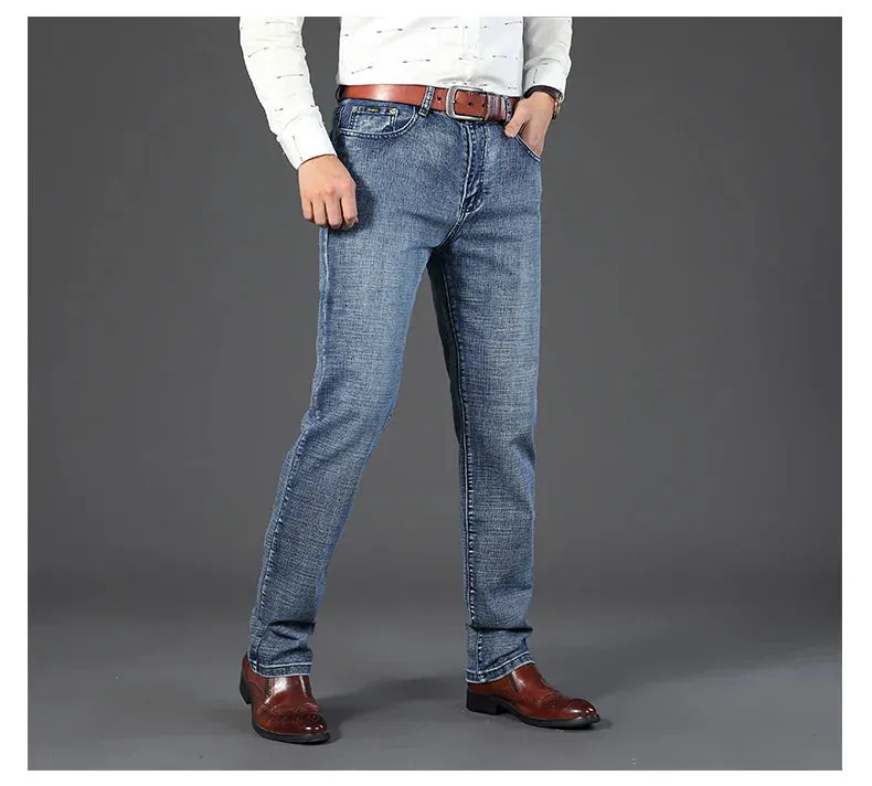 Men's Jeans Casual Straight Stretch Classic Blue Black Denim Trousers