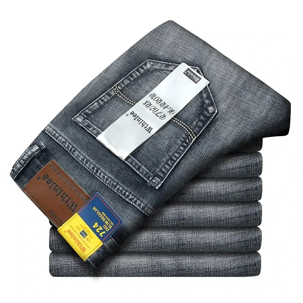 Men's Jeans Casual Straight Stretch Classic Blue Black Denim Trousers