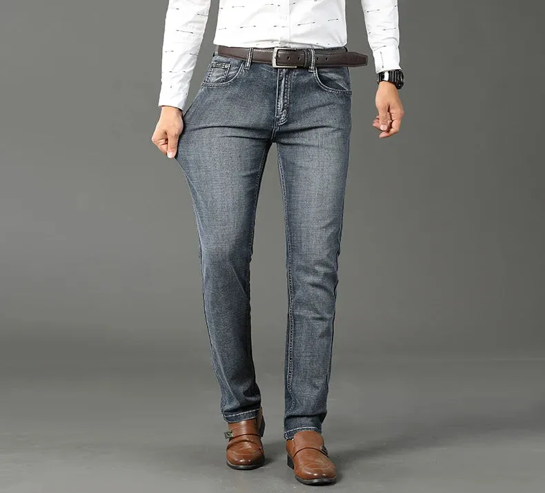 Men's Jeans Casual Straight Stretch Classic Blue Black Denim Trousers