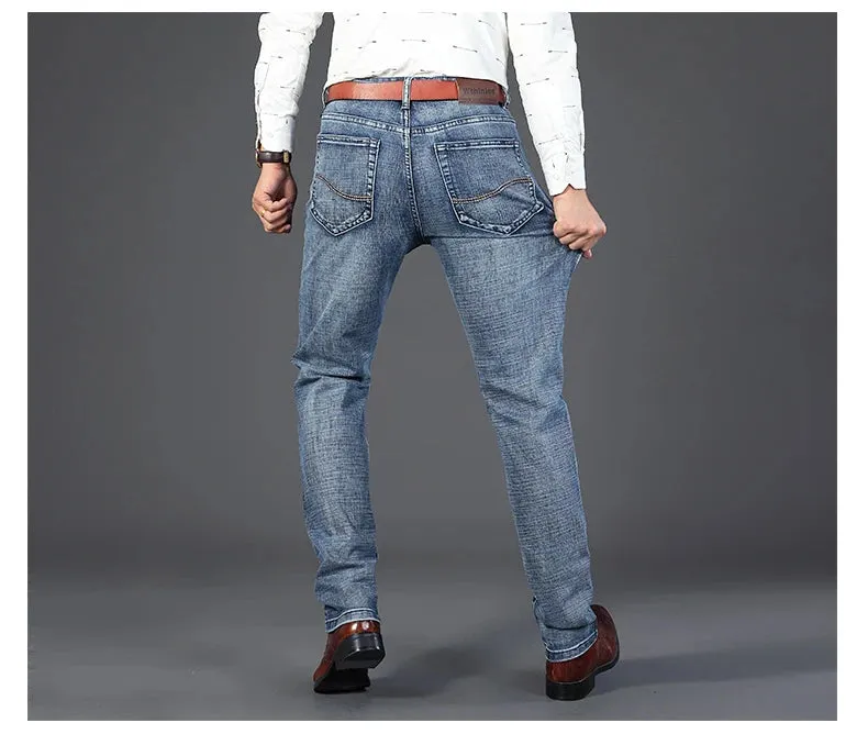 Men's Jeans Casual Straight Stretch Classic Blue Black Denim Trousers