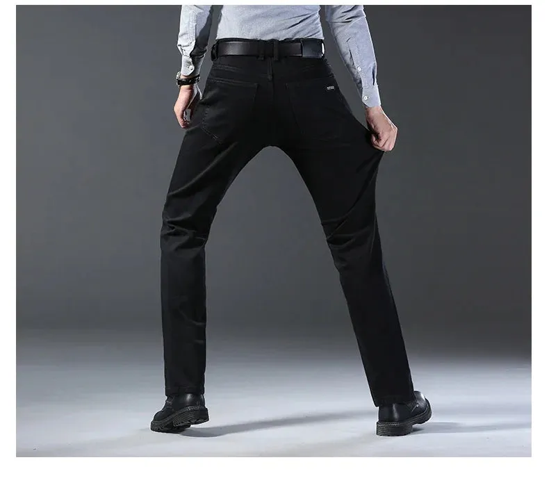Men's Jeans Casual Straight Stretch Classic Blue Black Denim Trousers