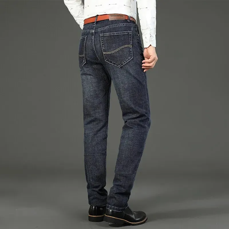 Men's Jeans Casual Straight Stretch Classic Blue Black Denim Trousers
