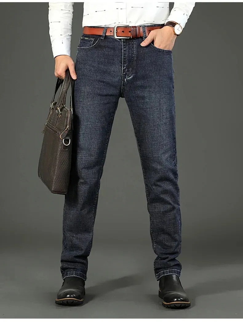 Men's Jeans Casual Straight Stretch Classic Blue Black Denim Trousers