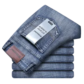 Men's Jeans Casual Straight Stretch Classic Blue Black Denim Trousers