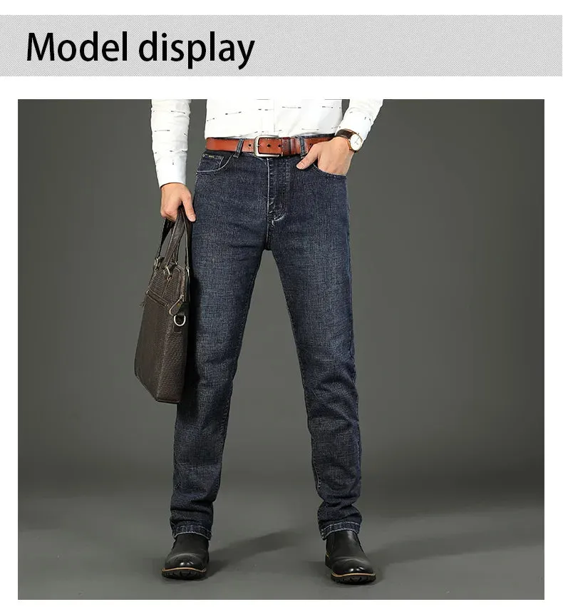 Men's Jeans Casual Straight Stretch Classic Blue Black Denim Trousers