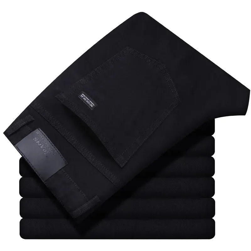 Men's Jeans Casual Straight Stretch Classic Blue Black Denim Trousers