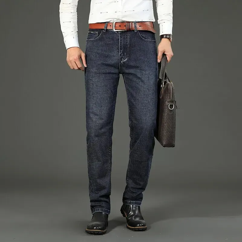 Men's Jeans Casual Straight Stretch Classic Blue Black Denim Trousers