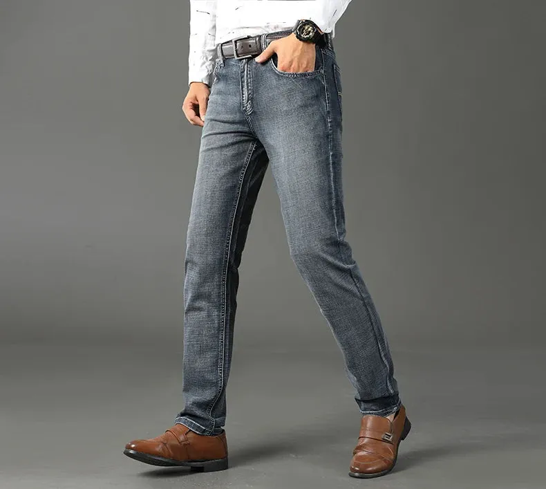 Men's Jeans Casual Straight Stretch Classic Blue Black Denim Trousers