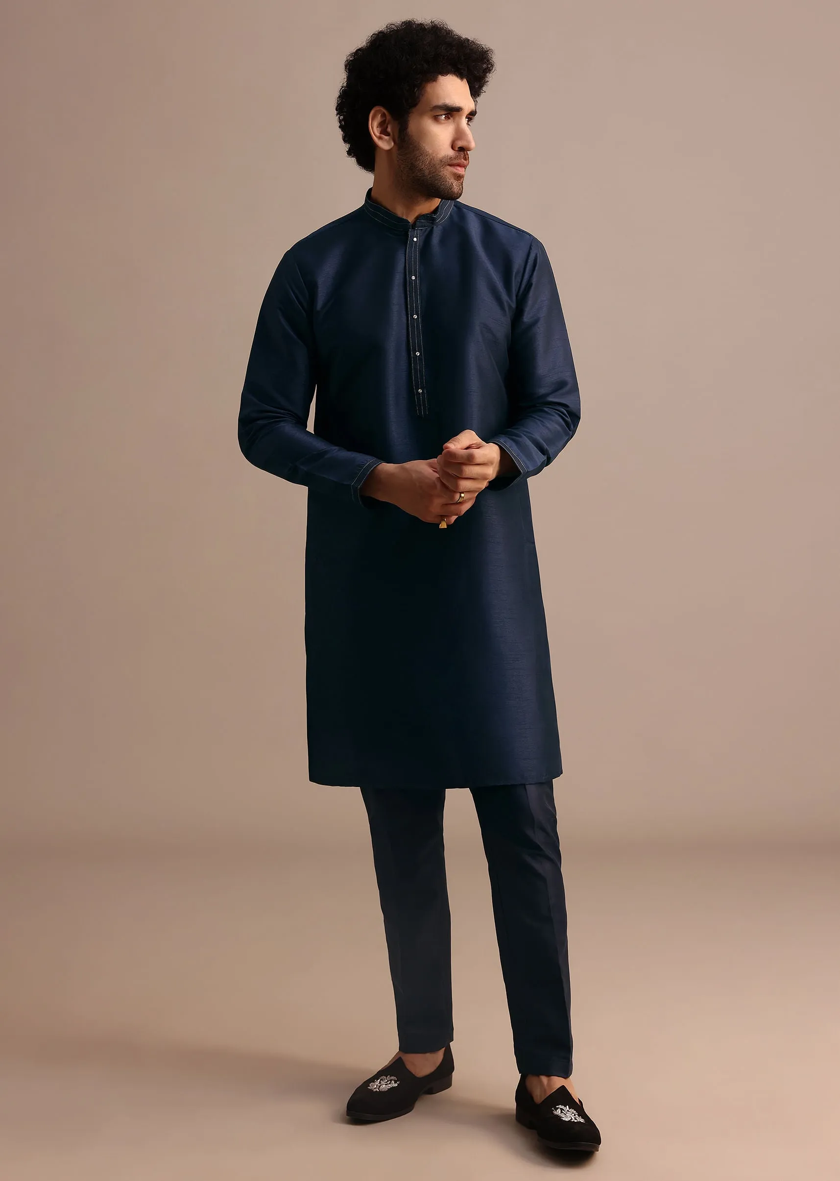 Navy Blue Kurta Jacket Set With Thread And Mirror Work